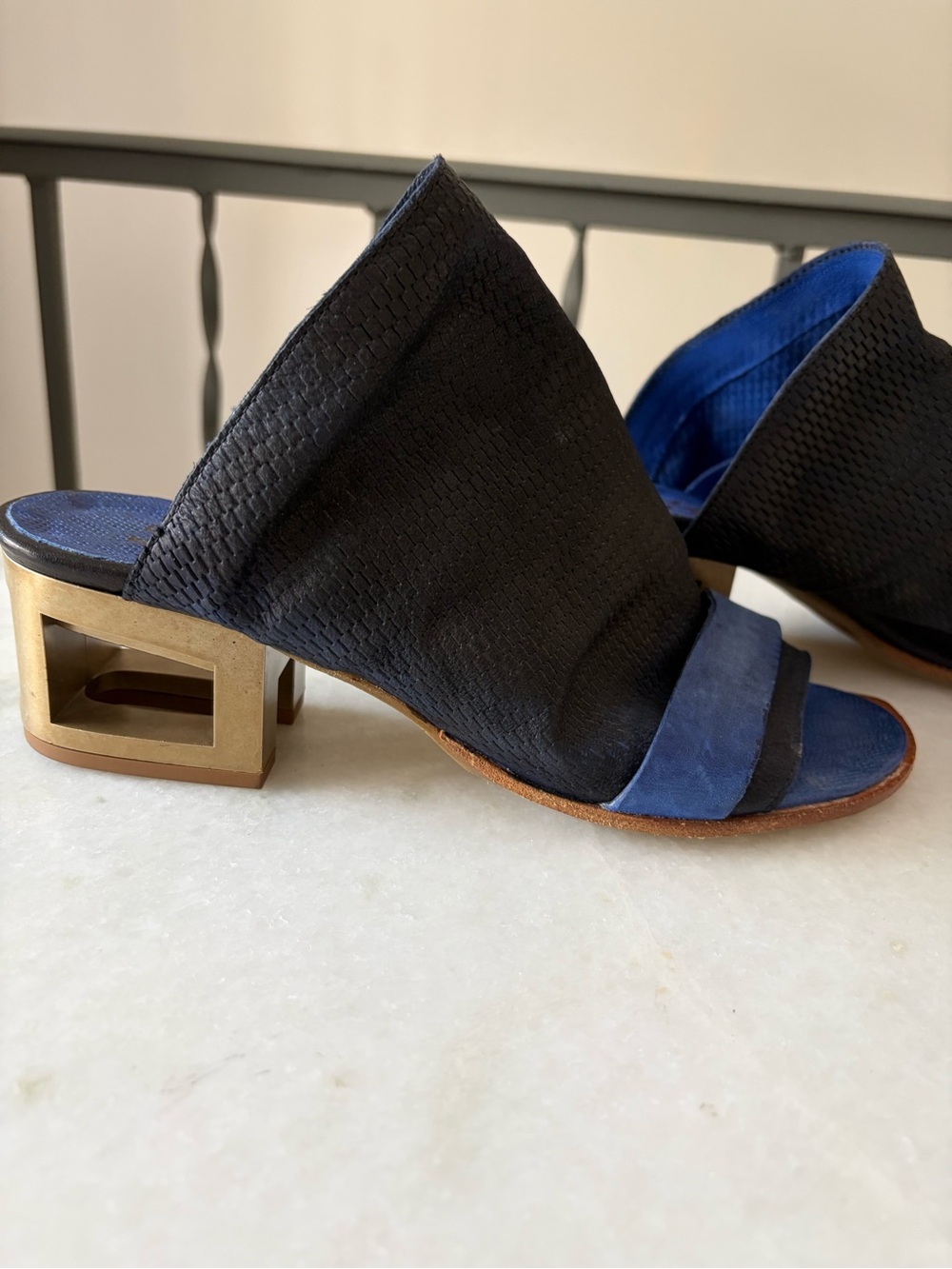 A.S.98 Black and Royal Open-Toe Mule with Sculpted Gold Heel